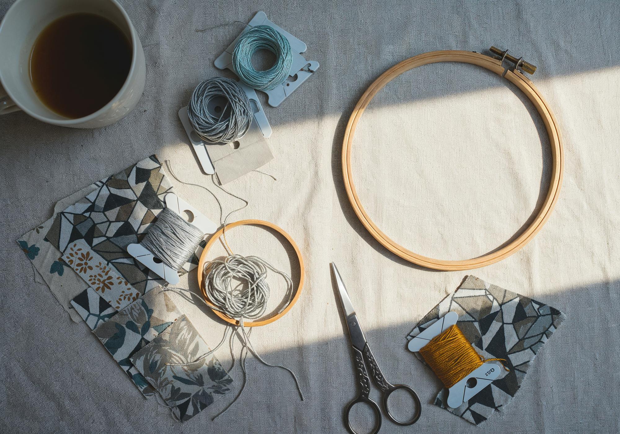 Studio table with embroidery hoop and threads