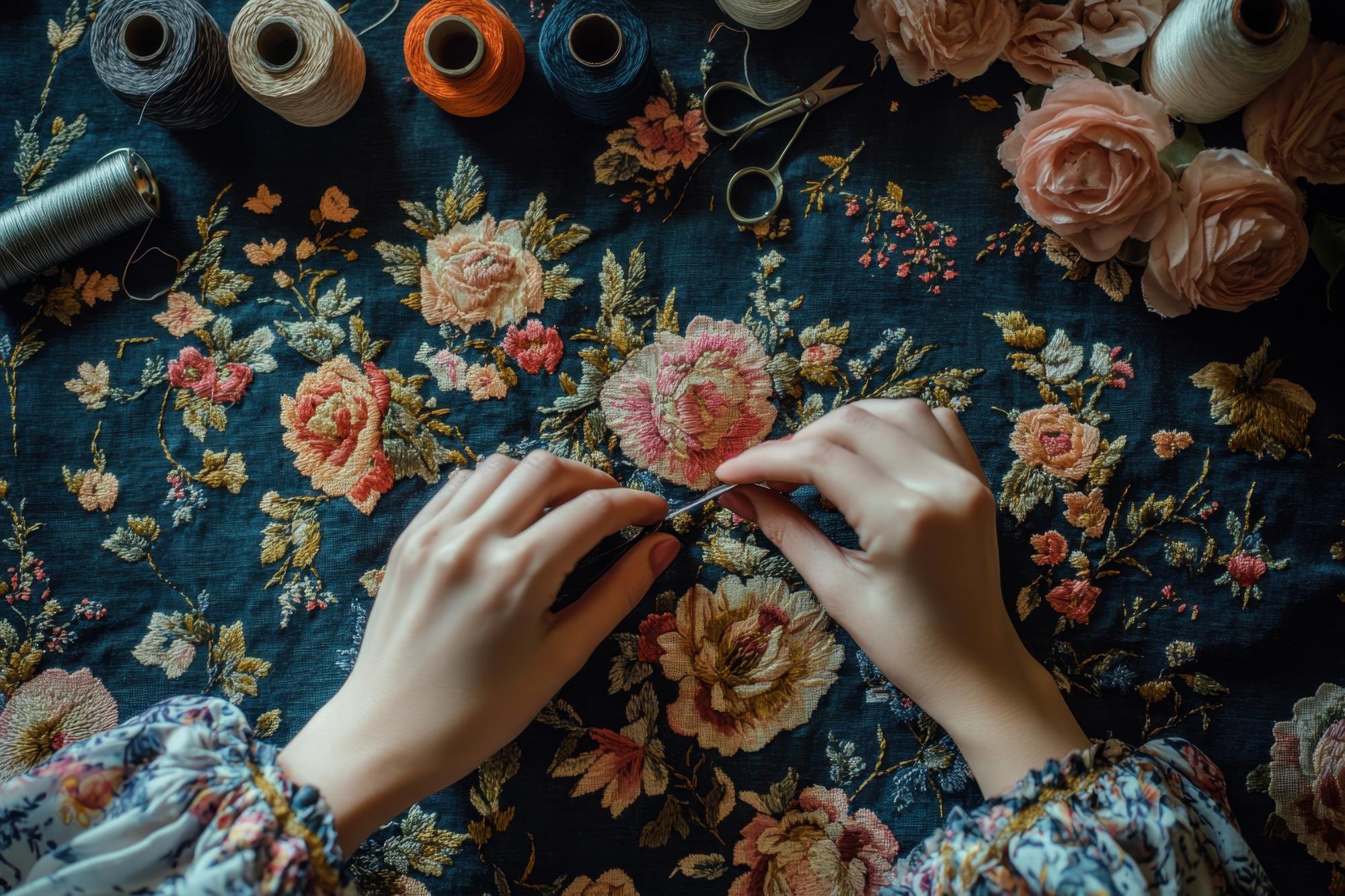 Artisan stitching a floral motif by hand